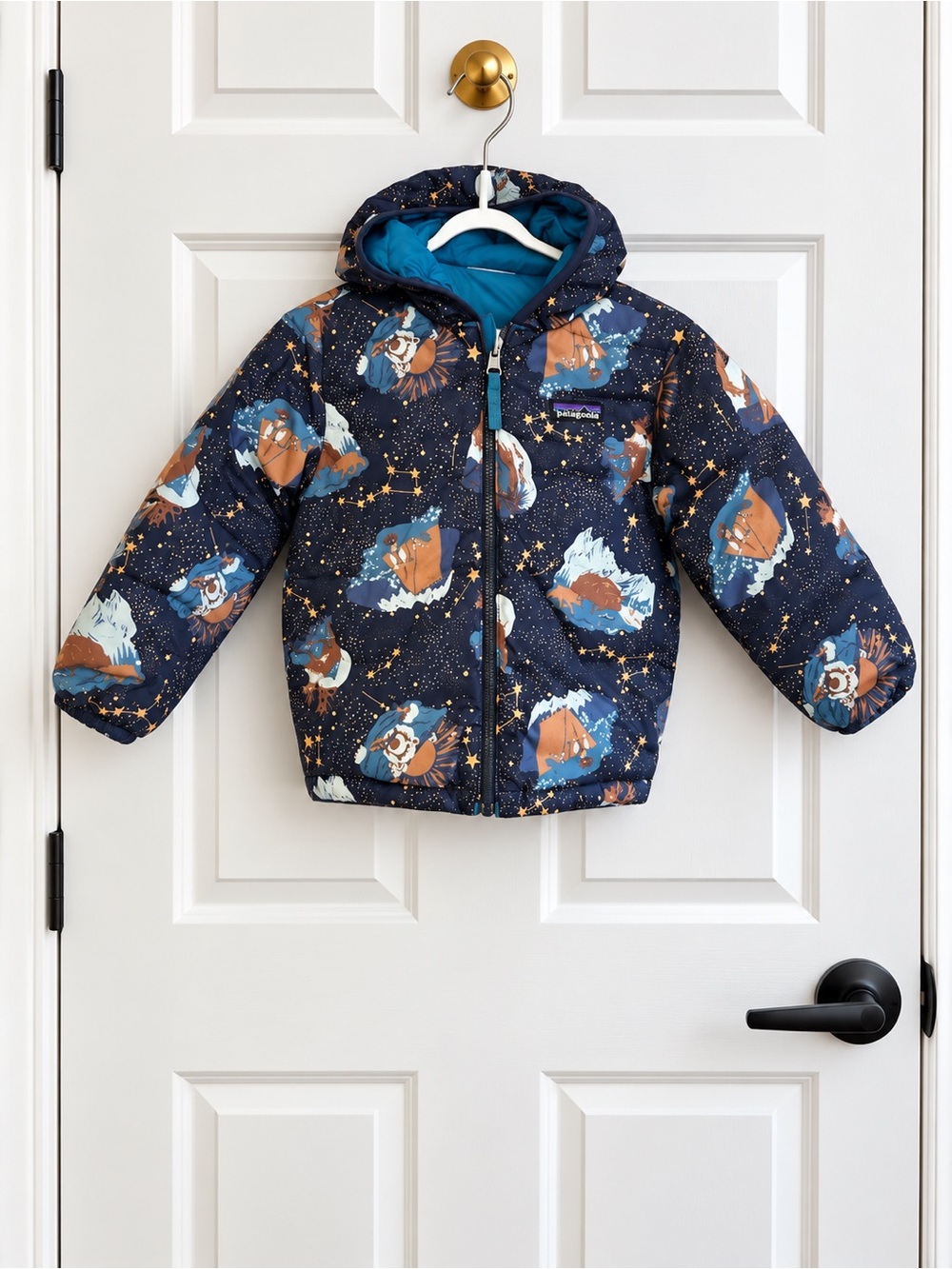 Patagonia Kids Reversible Hooded Puffer Jacket Blue Print 4/5